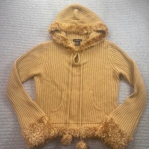 Vintage Y2K 52 Weekends Faux Fur Trim Hooded Sweater Knit Pullover  M pom pom